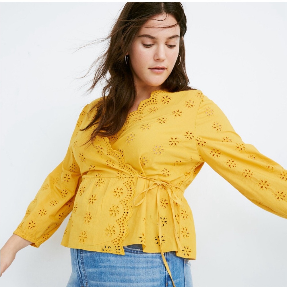 Madewell yellow Scalloped Eyelet Wrap Tie Top Shirt Blouse Size XXL